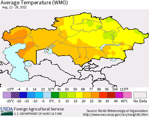 Kazakhstan Average Temperature (WMO) Thematic Map For 8/22/2022 - 8/28/2022