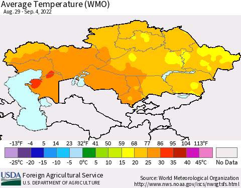 Kazakhstan Average Temperature (WMO) Thematic Map For 8/29/2022 - 9/4/2022