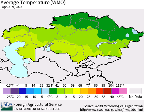 Kazakhstan Average Temperature (WMO) Thematic Map For 4/3/2023 - 4/9/2023