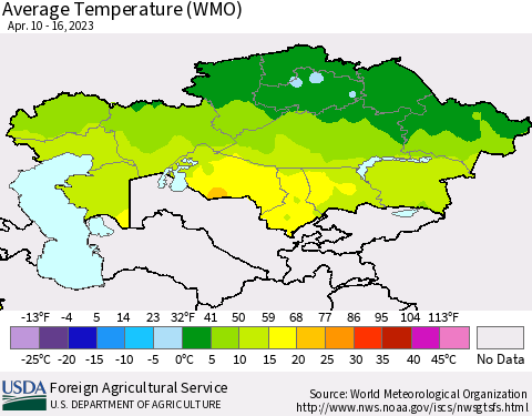 Kazakhstan Average Temperature (WMO) Thematic Map For 4/10/2023 - 4/16/2023