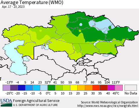 Kazakhstan Average Temperature (WMO) Thematic Map For 4/17/2023 - 4/23/2023