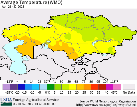 Kazakhstan Average Temperature (WMO) Thematic Map For 4/24/2023 - 4/30/2023