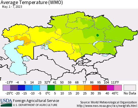 Kazakhstan Average Temperature (WMO) Thematic Map For 5/1/2023 - 5/7/2023
