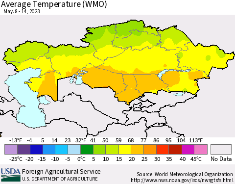 Kazakhstan Average Temperature (WMO) Thematic Map For 5/8/2023 - 5/14/2023