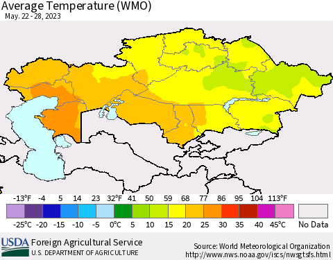 Kazakhstan Average Temperature (WMO) Thematic Map For 5/22/2023 - 5/28/2023
