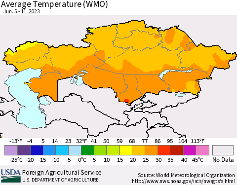 Kazakhstan Average Temperature (WMO) Thematic Map For 6/5/2023 - 6/11/2023