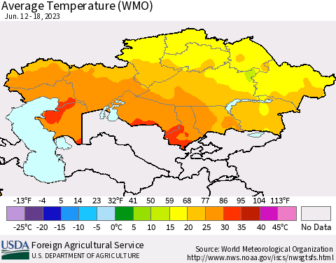 Kazakhstan Average Temperature (WMO) Thematic Map For 6/12/2023 - 6/18/2023