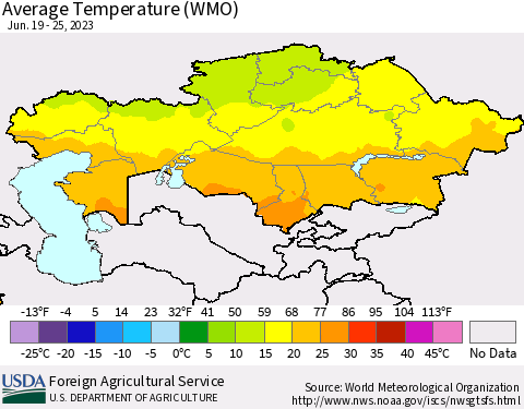 Kazakhstan Average Temperature (WMO) Thematic Map For 6/19/2023 - 6/25/2023