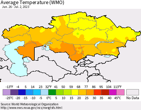 Kazakhstan Average Temperature (WMO) Thematic Map For 6/26/2023 - 7/2/2023