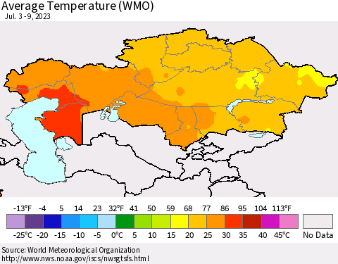 Kazakhstan Average Temperature (WMO) Thematic Map For 7/3/2023 - 7/9/2023