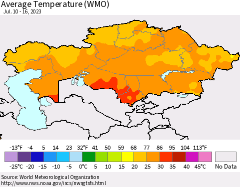 Kazakhstan Average Temperature (WMO) Thematic Map For 7/10/2023 - 7/16/2023