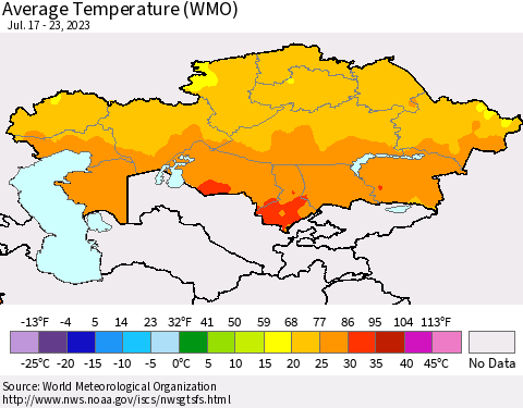 Kazakhstan Average Temperature (WMO) Thematic Map For 7/17/2023 - 7/23/2023