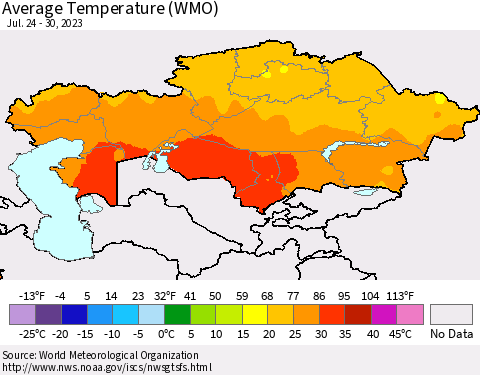 Kazakhstan Average Temperature (WMO) Thematic Map For 7/24/2023 - 7/30/2023