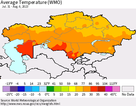 Kazakhstan Average Temperature (WMO) Thematic Map For 7/31/2023 - 8/6/2023