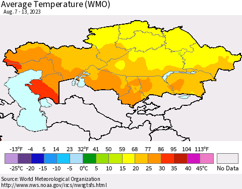 Kazakhstan Average Temperature (WMO) Thematic Map For 8/7/2023 - 8/13/2023