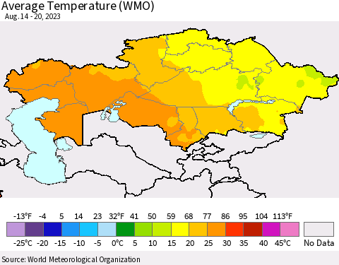 Kazakhstan Average Temperature (WMO) Thematic Map For 8/14/2023 - 8/20/2023