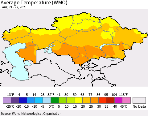 Kazakhstan Average Temperature (WMO) Thematic Map For 8/21/2023 - 8/27/2023