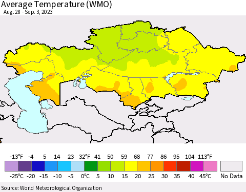 Kazakhstan Average Temperature (WMO) Thematic Map For 8/28/2023 - 9/3/2023