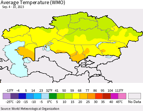 Kazakhstan Average Temperature (WMO) Thematic Map For 9/4/2023 - 9/10/2023