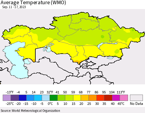 Kazakhstan Average Temperature (WMO) Thematic Map For 9/11/2023 - 9/17/2023