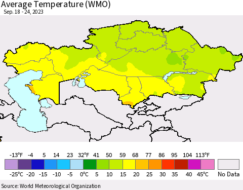 Kazakhstan Average Temperature (WMO) Thematic Map For 9/18/2023 - 9/24/2023