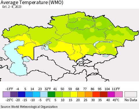 Kazakhstan Average Temperature (WMO) Thematic Map For 10/2/2023 - 10/8/2023