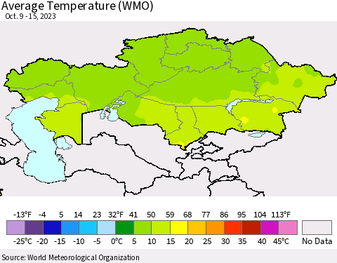 Kazakhstan Average Temperature (WMO) Thematic Map For 10/9/2023 - 10/15/2023