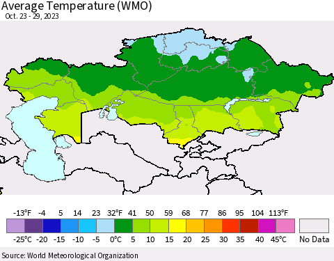 Kazakhstan Average Temperature (WMO) Thematic Map For 10/23/2023 - 10/29/2023