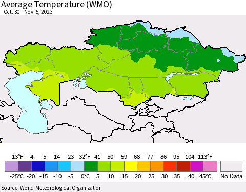 Kazakhstan Average Temperature (WMO) Thematic Map For 10/30/2023 - 11/5/2023