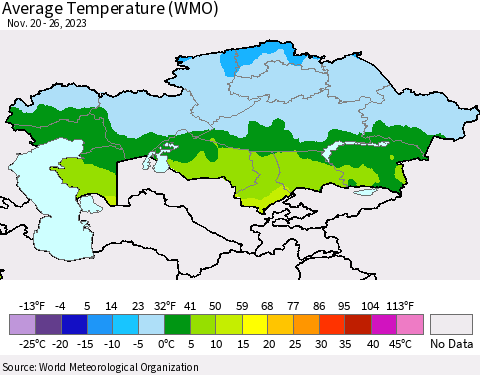 Kazakhstan Average Temperature (WMO) Thematic Map For 11/20/2023 - 11/26/2023