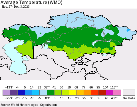 Kazakhstan Average Temperature (WMO) Thematic Map For 11/27/2023 - 12/3/2023