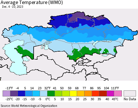 Kazakhstan Average Temperature (WMO) Thematic Map For 12/4/2023 - 12/10/2023