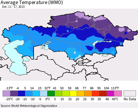 Kazakhstan Average Temperature (WMO) Thematic Map For 12/11/2023 - 12/17/2023