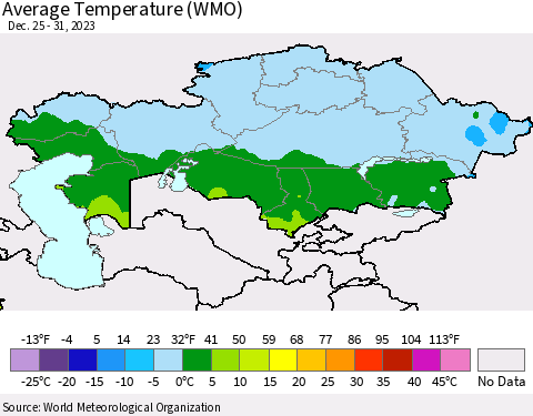 Kazakhstan Average Temperature (WMO) Thematic Map For 12/25/2023 - 12/31/2023