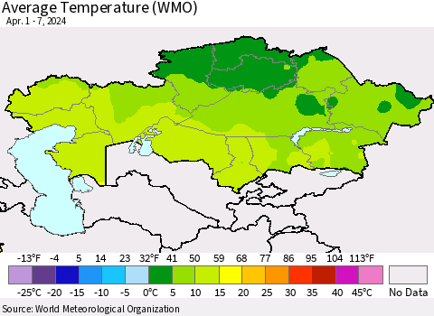 Kazakhstan Average Temperature (WMO) Thematic Map For 4/1/2024 - 4/7/2024