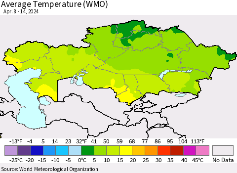 Kazakhstan Average Temperature (WMO) Thematic Map For 4/8/2024 - 4/14/2024