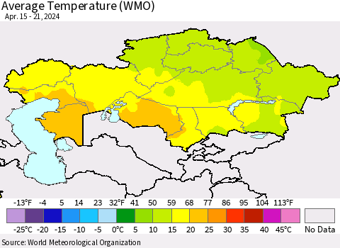 Kazakhstan Average Temperature (WMO) Thematic Map For 4/15/2024 - 4/21/2024