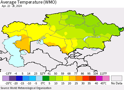 Kazakhstan Average Temperature (WMO) Thematic Map For 4/22/2024 - 4/28/2024