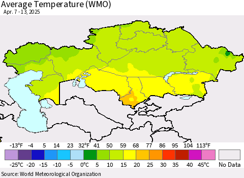 Kazakhstan Average Temperature (WMO) Thematic Map For 4/7/2025 - 4/13/2025