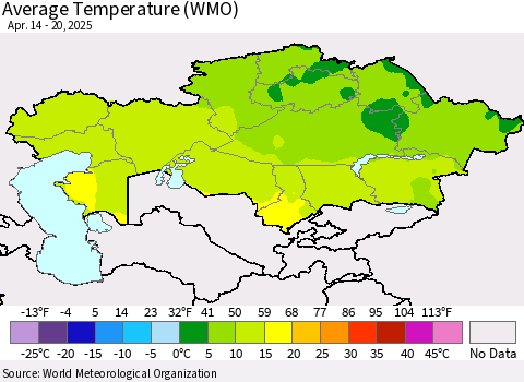 Kazakhstan Average Temperature (WMO) Thematic Map For 4/14/2025 - 4/20/2025