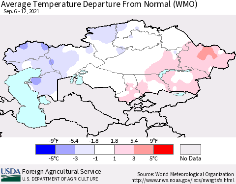Kazakhstan Average Temperature Departure from Normal (WMO) Thematic Map For 9/6/2021 - 9/12/2021