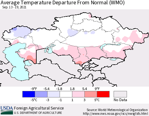 Kazakhstan Average Temperature Departure from Normal (WMO) Thematic Map For 9/13/2021 - 9/19/2021