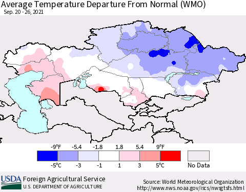 Kazakhstan Average Temperature Departure from Normal (WMO) Thematic Map For 9/20/2021 - 9/26/2021