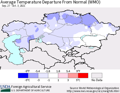 Kazakhstan Average Temperature Departure from Normal (WMO) Thematic Map For 9/27/2021 - 10/3/2021