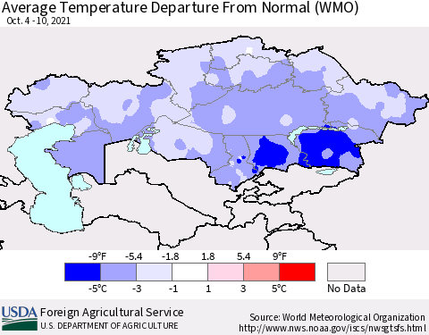 Kazakhstan Average Temperature Departure from Normal (WMO) Thematic Map For 10/4/2021 - 10/10/2021