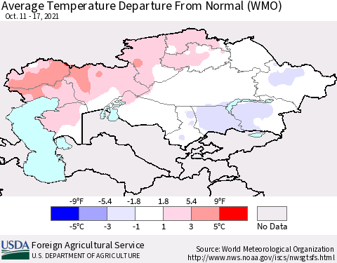 Kazakhstan Average Temperature Departure from Normal (WMO) Thematic Map For 10/11/2021 - 10/17/2021