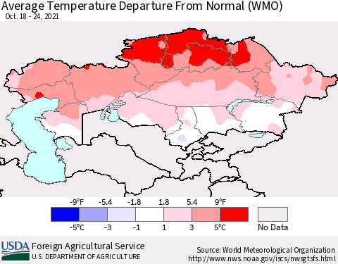 Kazakhstan Average Temperature Departure from Normal (WMO) Thematic Map For 10/18/2021 - 10/24/2021