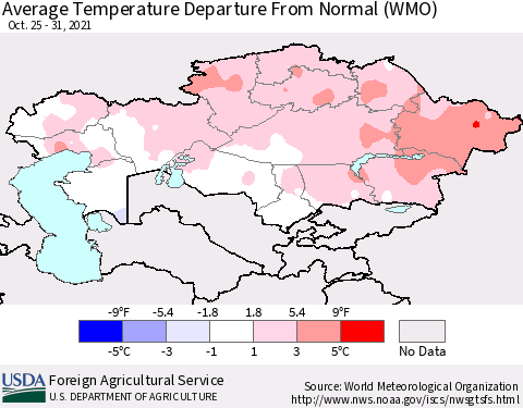 Kazakhstan Average Temperature Departure from Normal (WMO) Thematic Map For 10/25/2021 - 10/31/2021