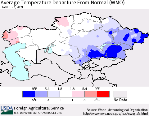 Kazakhstan Average Temperature Departure from Normal (WMO) Thematic Map For 11/1/2021 - 11/7/2021