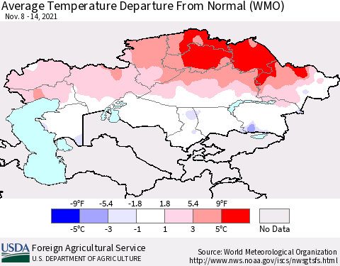 Kazakhstan Average Temperature Departure from Normal (WMO) Thematic Map For 11/8/2021 - 11/14/2021